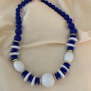 Vintage Nautical theme 80s blue and white beaded necklace with gold accents